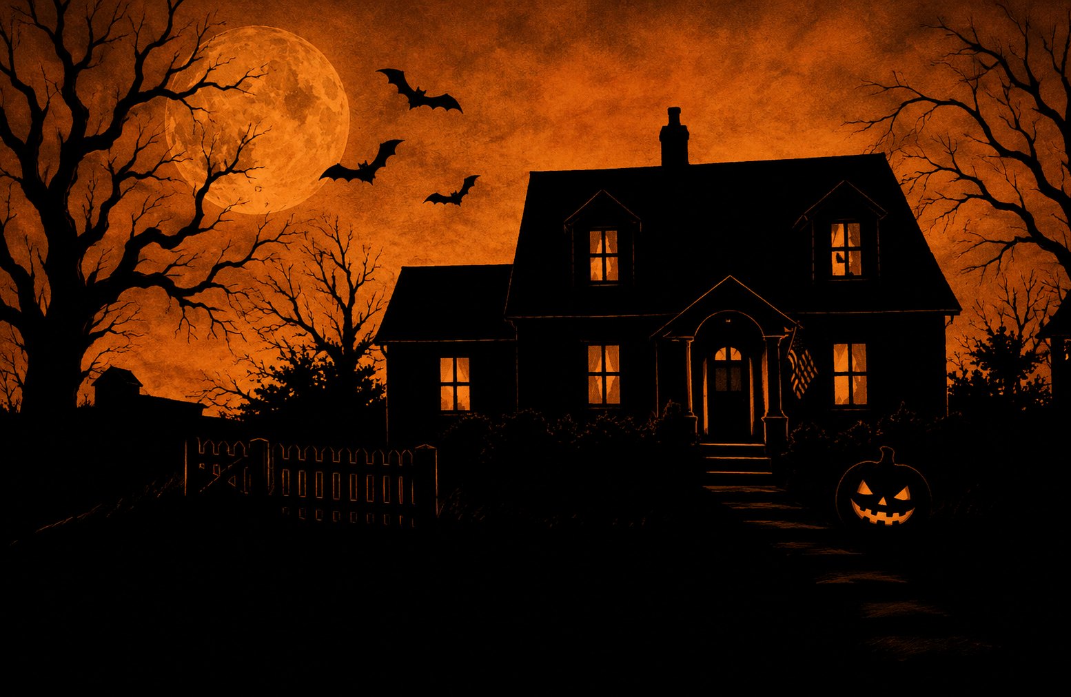 Milton Manor at night under a full moon, windows lit, bats overhead and a jack-o-lantern at the foot of the steps.